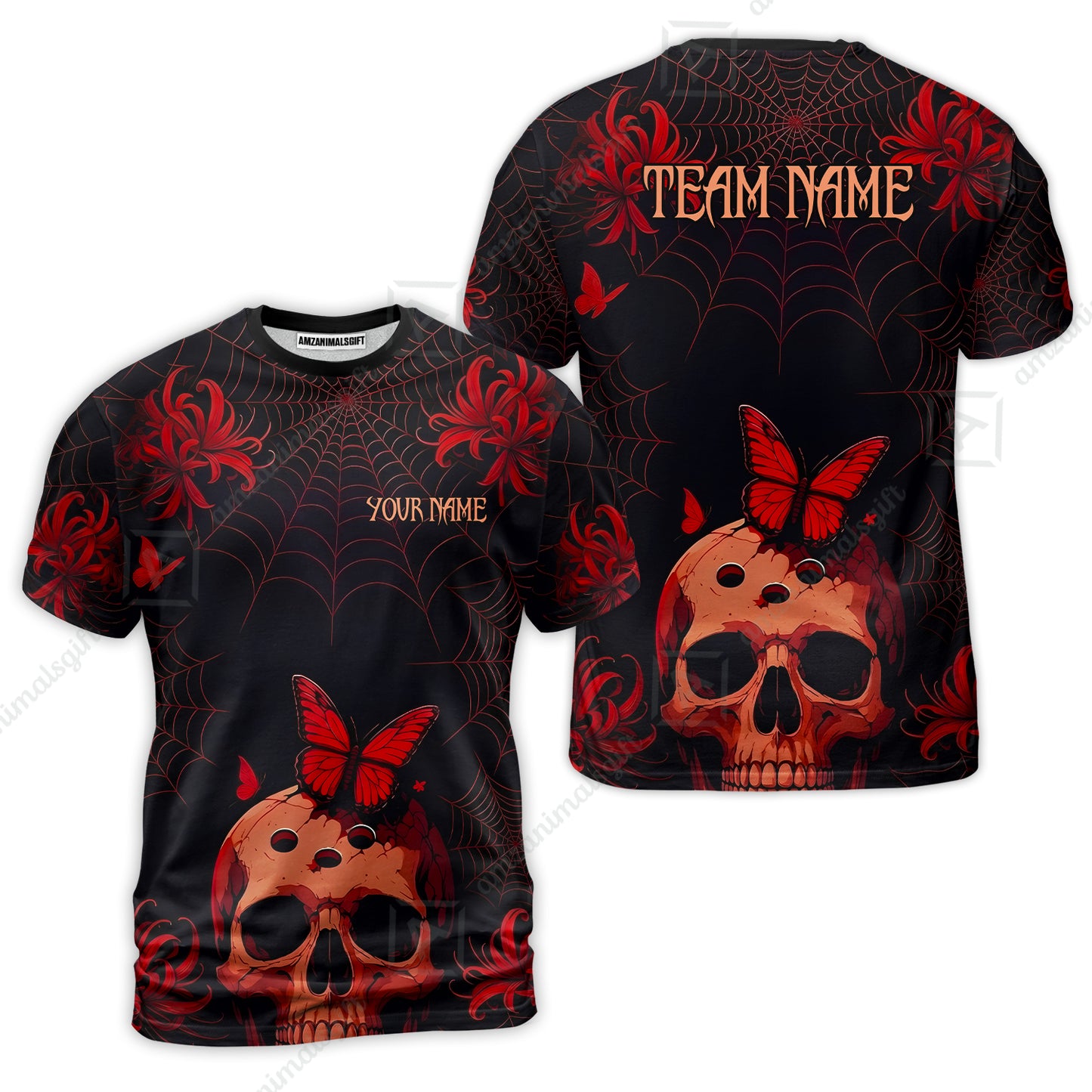 Customized Bowling Shirt, Bowling Skull Butterfly Spider Grid, Personalized Polo Shirt For Players With Name & Team Name