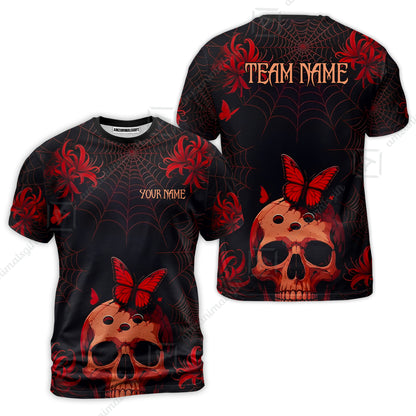 Customized Bowling Shirt, Bowling Skull Butterfly Spider Grid, Personalized Polo Shirt For Players With Name & Team Name
