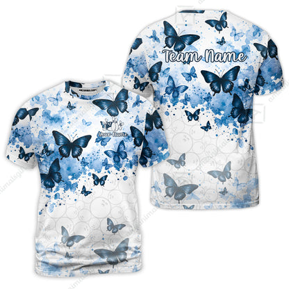Custom Bowling Jersey Polo Shirt, Blue Watercolor Butterfly Bloom, Custom Bowling Jersey Team Shirt For Players With Name and Team Name