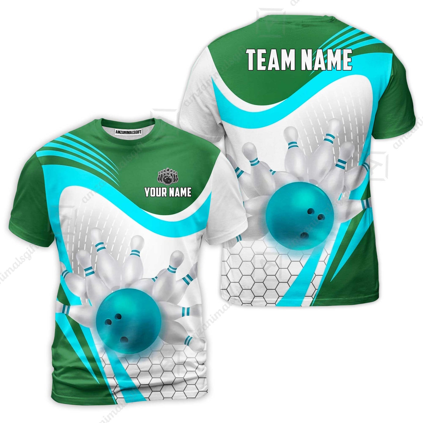 Custom Bowling Jersey Polo Shirt, Geometric Streamline & Fresh Mint, Custom Bowling Jersey Team Shirt For Players With Name & Team Name