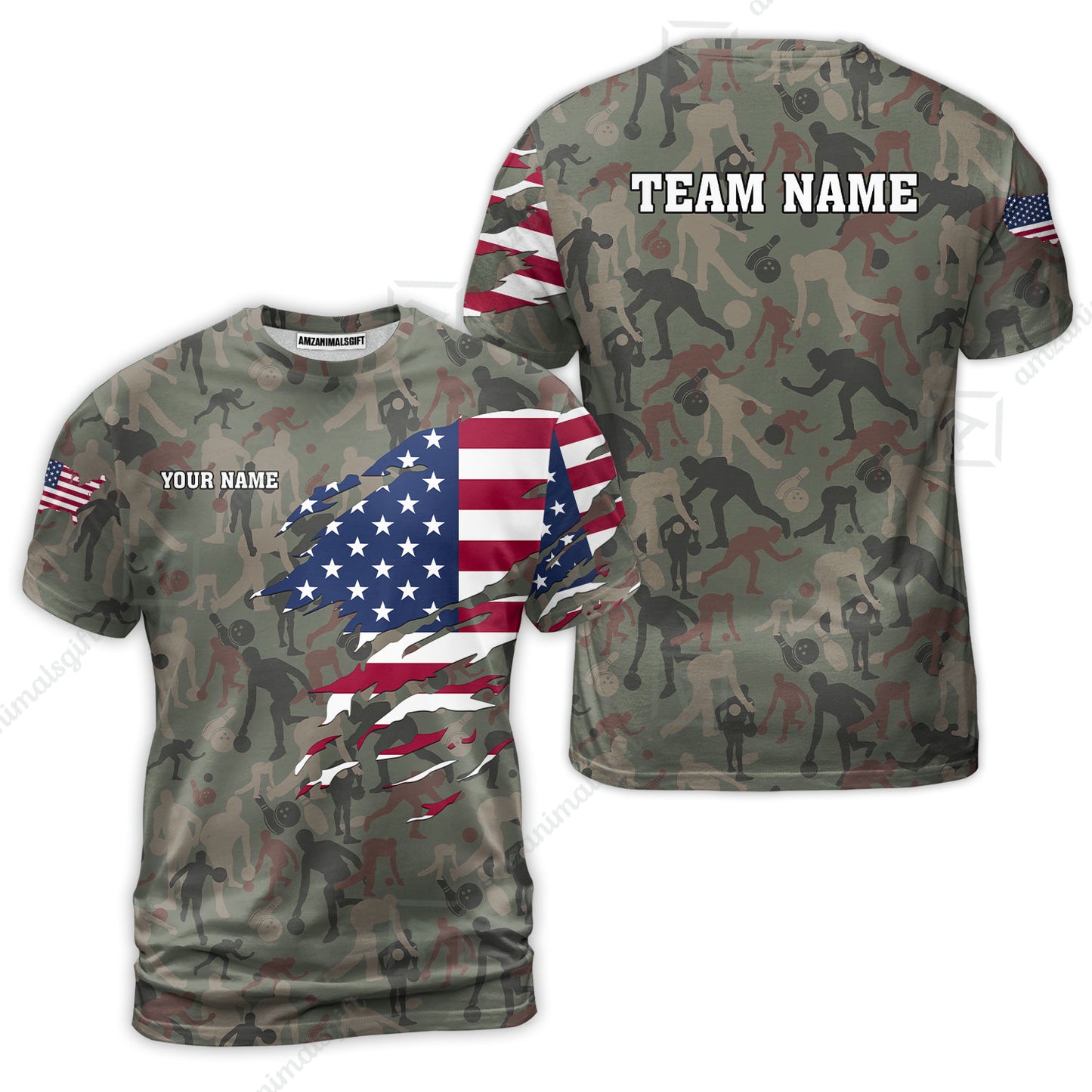 Custom Bowling Jersey Polo Shirt, American Flag Woodland Green Camouflage, Custom Bowling Jersey Team Shirt For Players With Name and Team Name