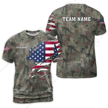 Custom Bowling Jersey Polo Shirt, American Flag Woodland Green Camouflage, Custom Bowling Jersey Team Shirt For Players With Name and Team Name