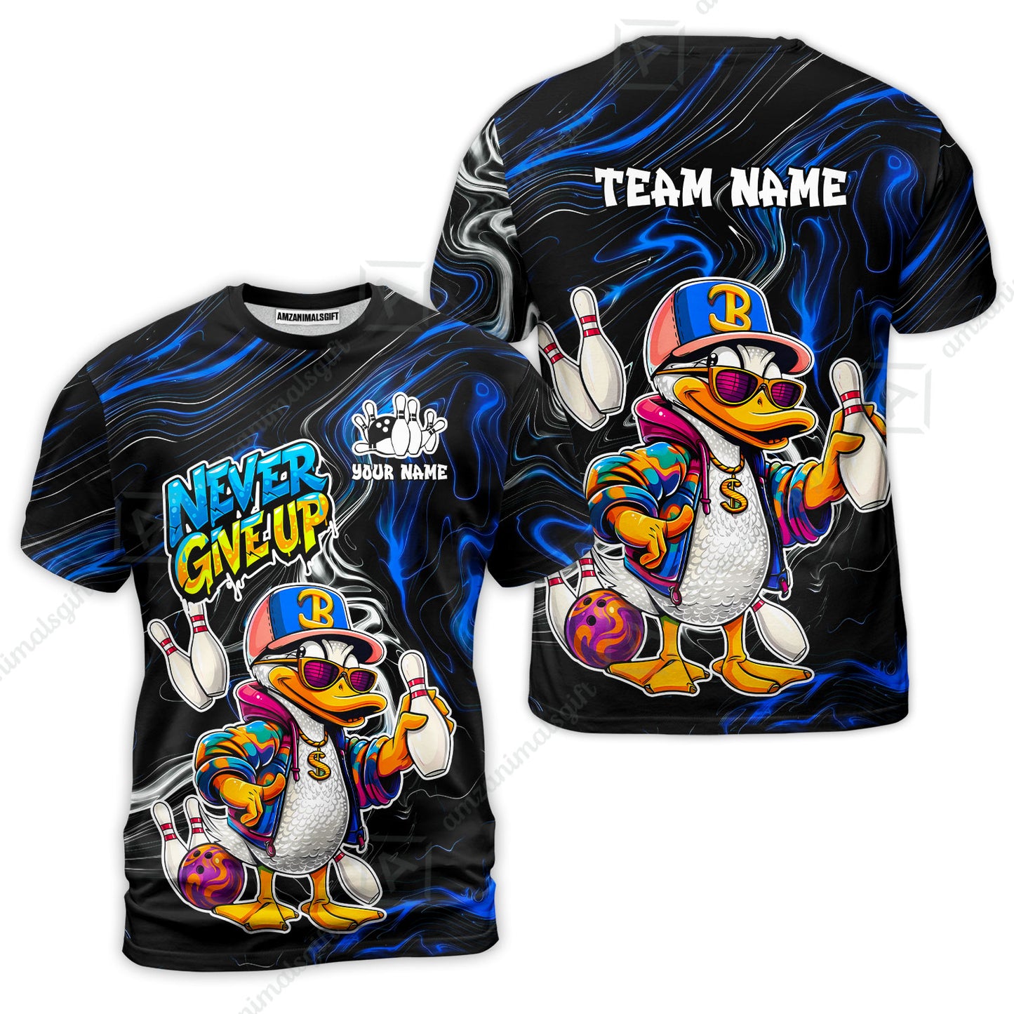 Custom Bowling Jersey Polo Shirt, Duck Never Give Up, Custom Bowling Jersey Team Shirt For Players With Name & Team Name