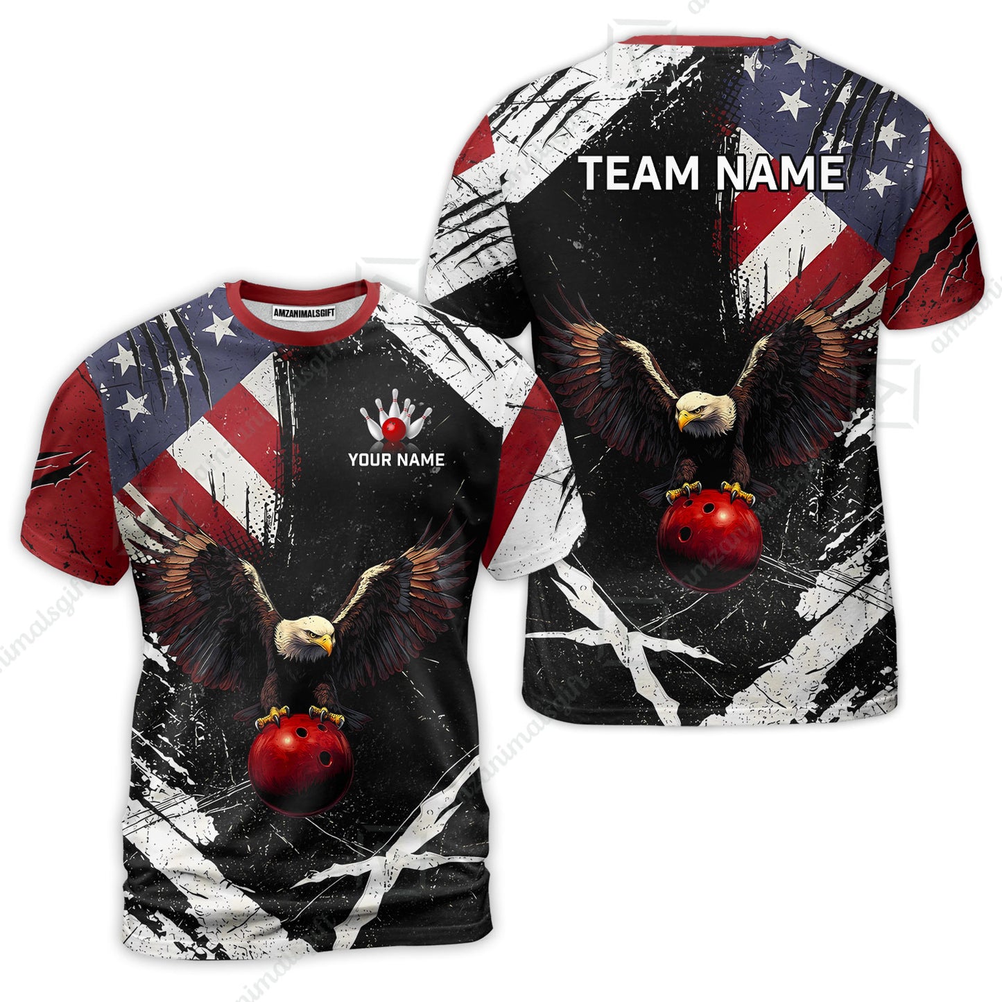 Custom Bowling Jersey Polo Shirt, Patriotic Bald Eagle Distressed American Flag Grunge, Custom Bowling Jersey Team Shirt For Players With Name & Team Name