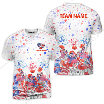Custom Bowling Jersey Polo Shirt, 4th of July Flamingo Bowling, Custom Bowling Jersey Team Shirt For Players With Name & Team Name