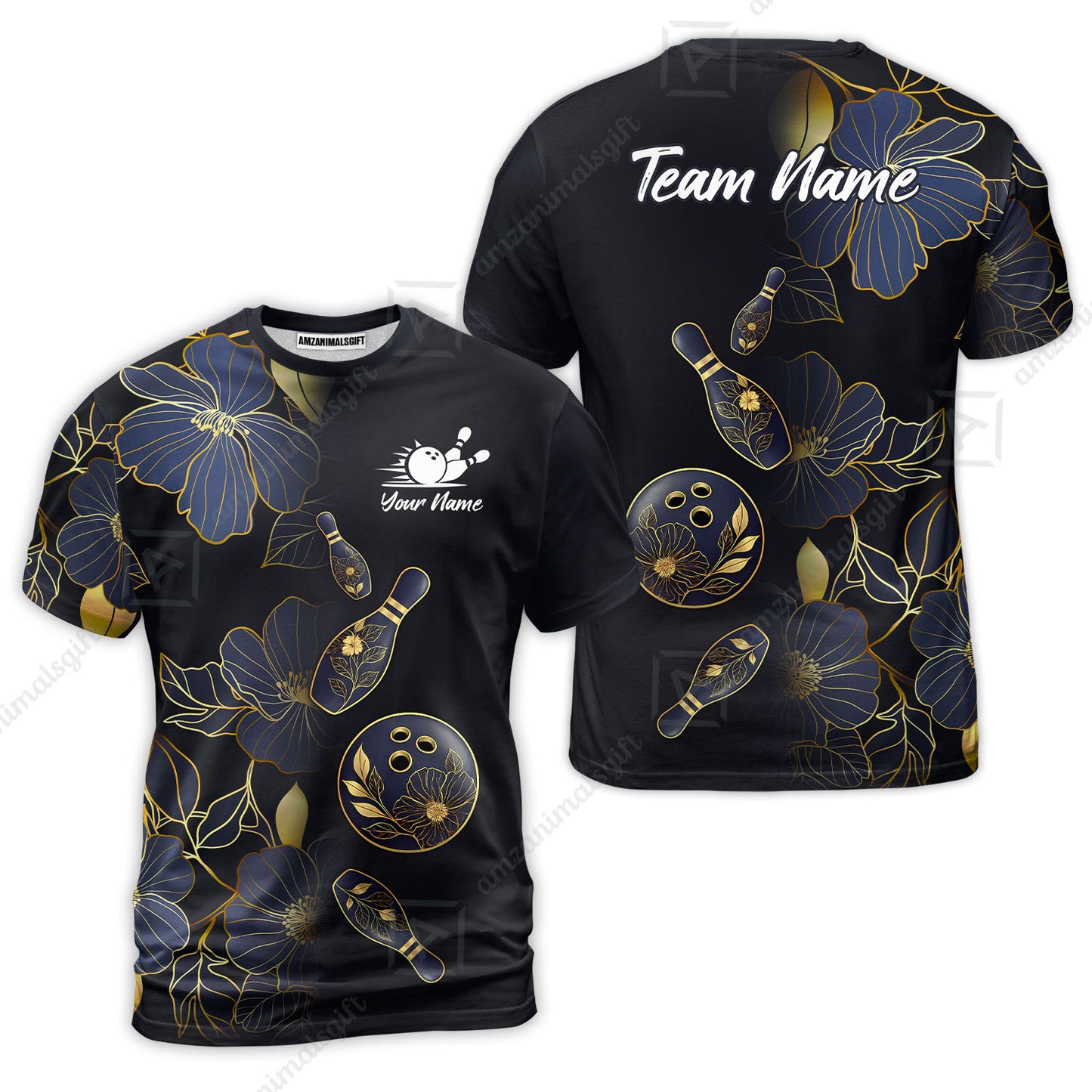 Custom Bowling Jersey Polo Shirt, Flower Bowling Pattern Gradient Gold, Custom Bowling Jersey Team Shirt For Players With Name and Team Name