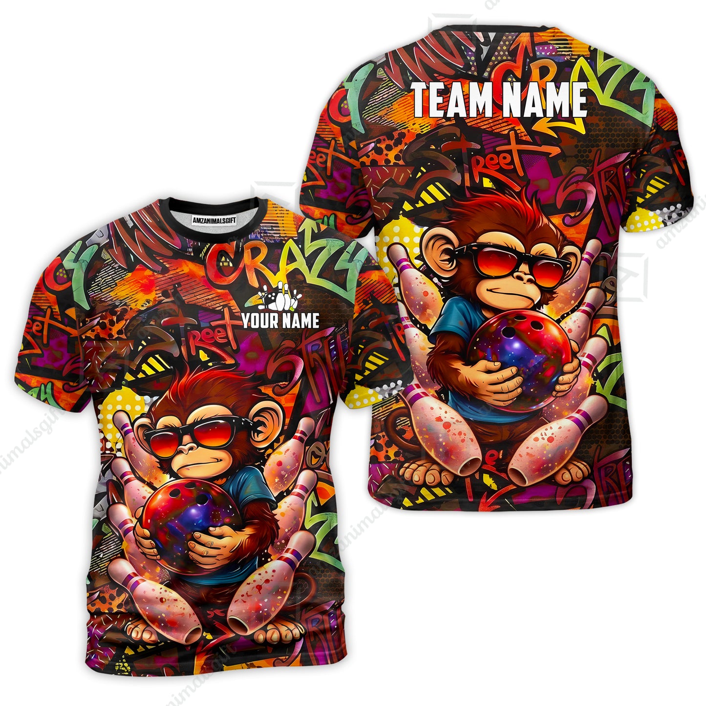 Custom Bowling Jersey Polo Shirt, Street Graffiti Funny Monkey Mascot, Custom Bowling Jersey Team Shirt For Players With Name & Team Name