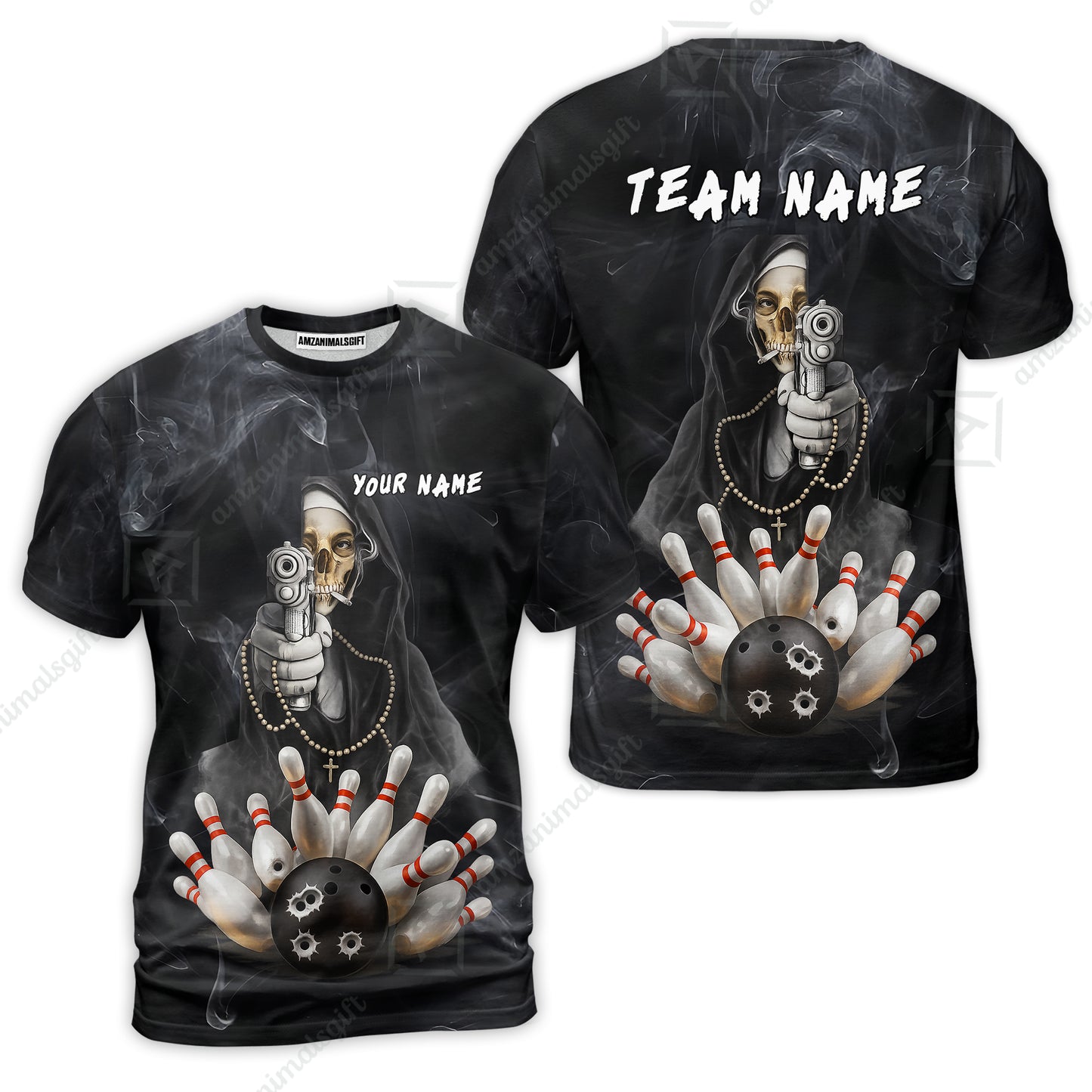 Custom Bowling Jersey Polo Shirt, Badass Smoking Skeleton Nun Gun Strike, Custom Bowling Jersey Team Shirt For Players With Name & Team Name