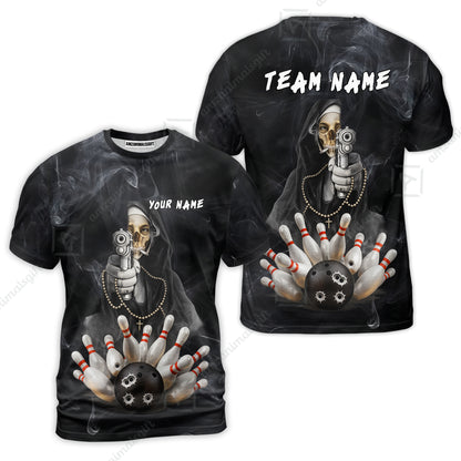 Custom Bowling Jersey Polo Shirt, Badass Smoking Skeleton Nun Gun Strike, Custom Bowling Jersey Team Shirt For Players With Name & Team Name