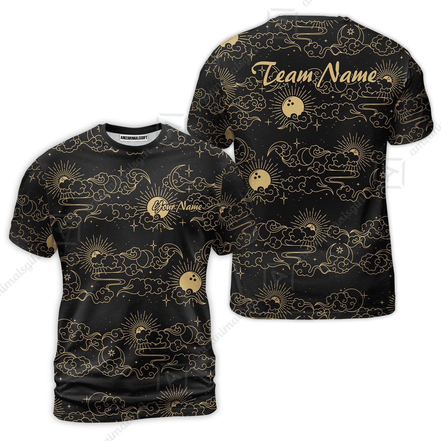 Custom Bowling Jersey Polo Shirt, Black Gold Celestial Bowling, Custom Bowling Jersey Team Shirt For Players With Name & Team Name