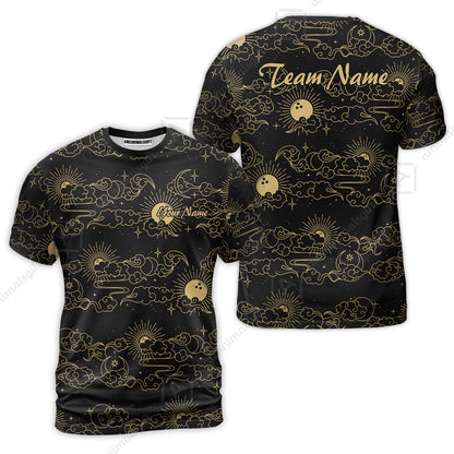 Custom Bowling Jersey Polo Shirt, Black Gold Celestial Bowling, Custom Bowling Jersey Team Shirt For Players With Name & Team Name