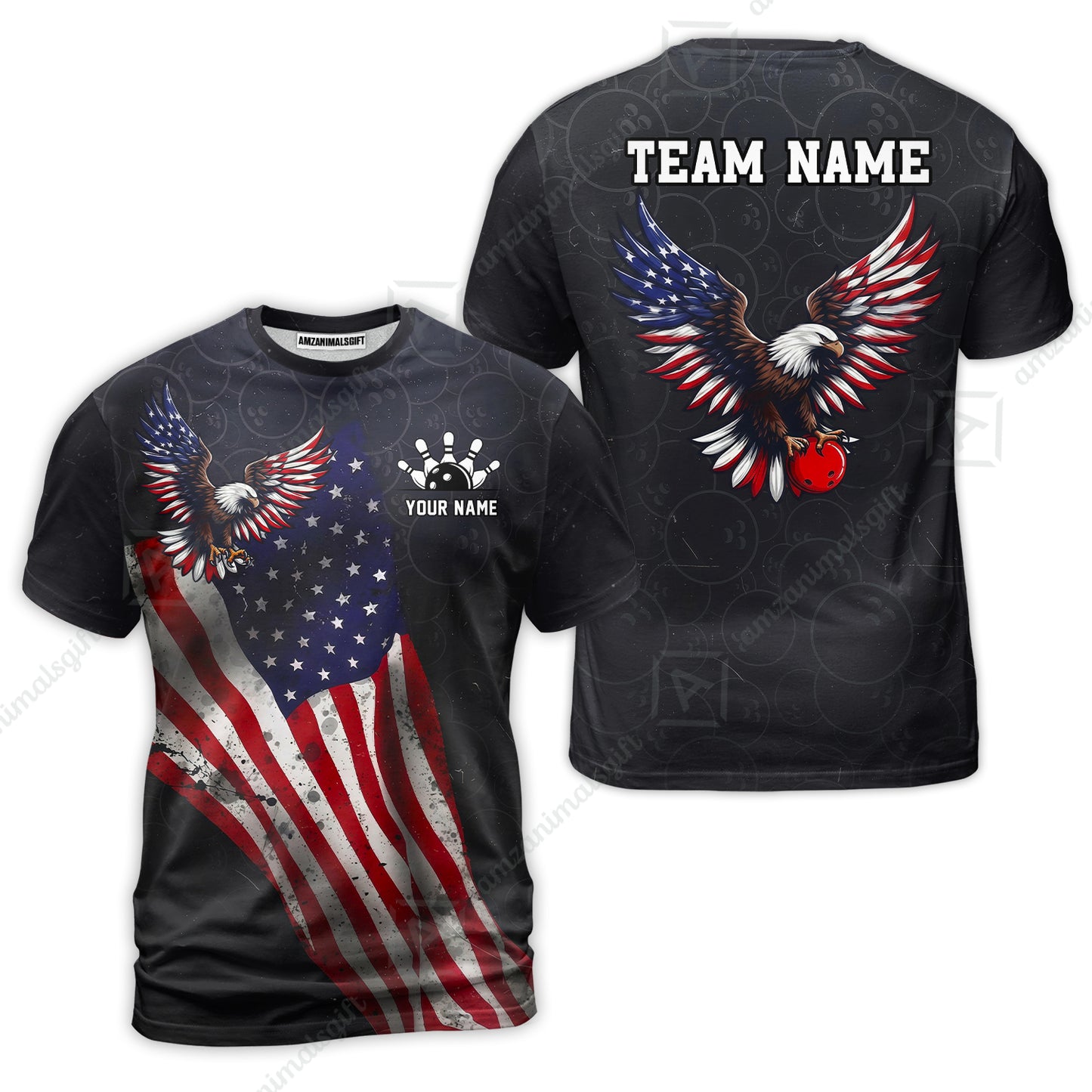 Custom Bowling Jersey Polo Shirt, USA Flag Draped Bald Eagle Strike, Custom Bowling Jersey Team Shirt For Players With Name & Team Name