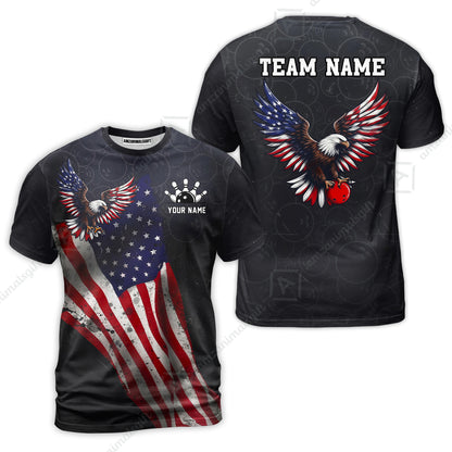 Custom Bowling Jersey Polo Shirt, USA Flag Draped Bald Eagle Strike, Custom Bowling Jersey Team Shirt For Players With Name & Team Name