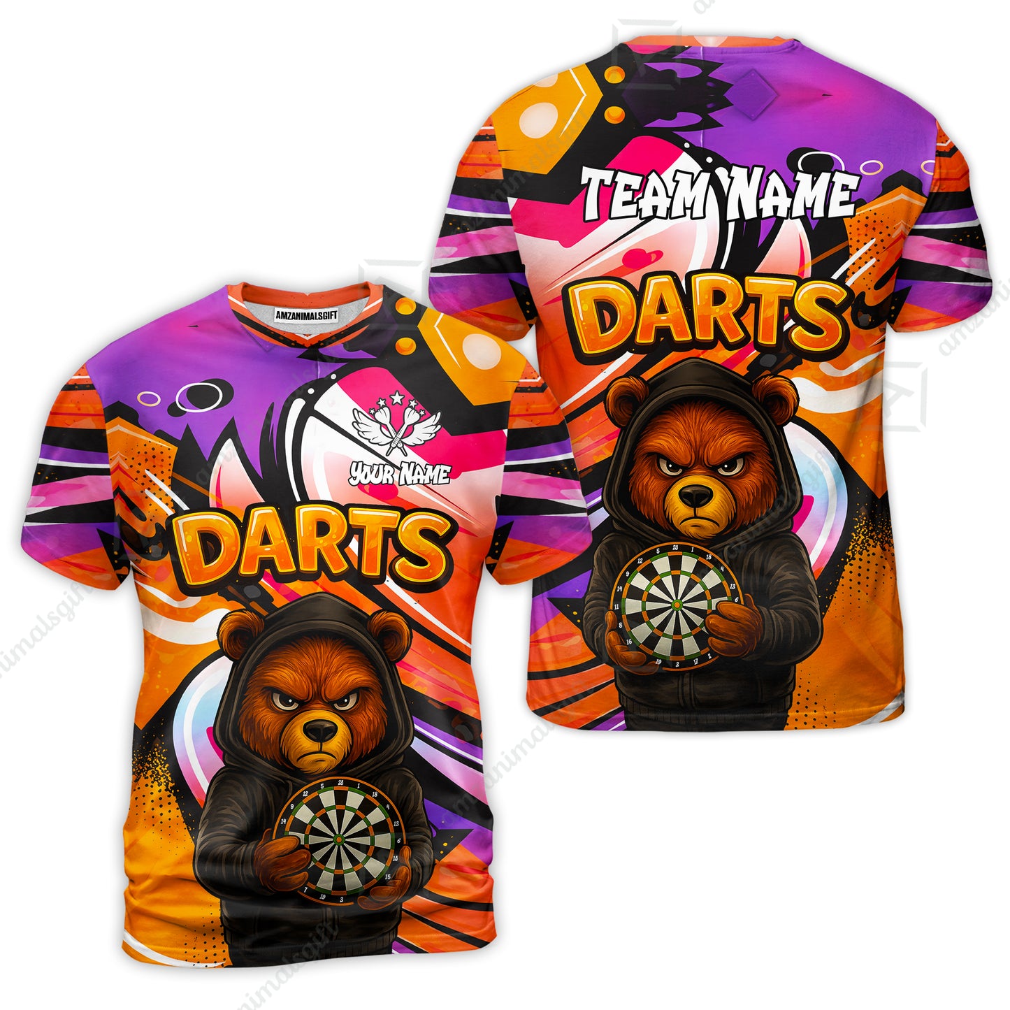 Customized Darts Team Uniform Shirt, Custom Darts Team Collar Quarter-Zip, Personalized Bear Darts Shirt with Name & Team Name