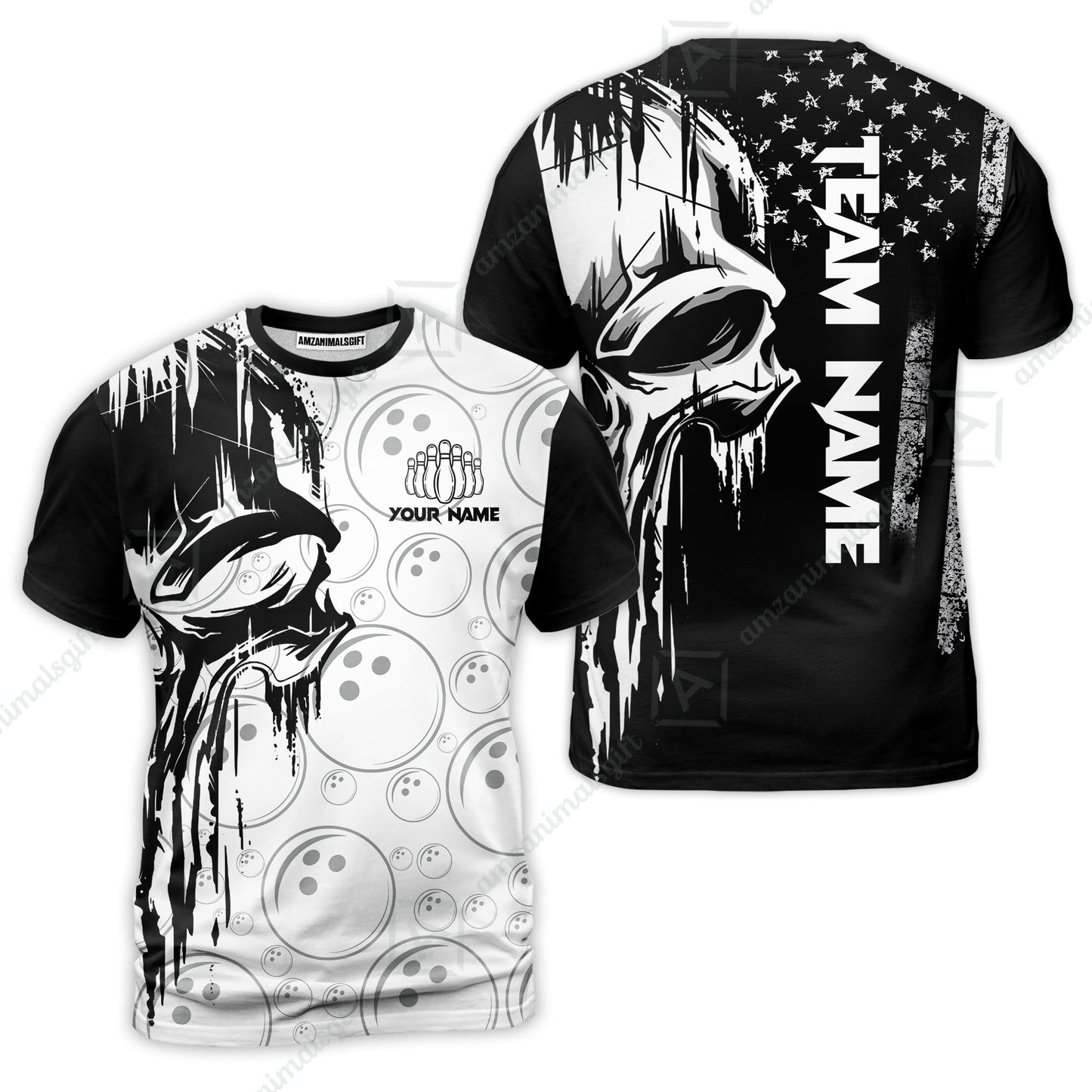 Customized Bowling Unisex Polo Shirt, American Flag Dripping Skull, Bowling Uniform - Personalized Name And Team Name