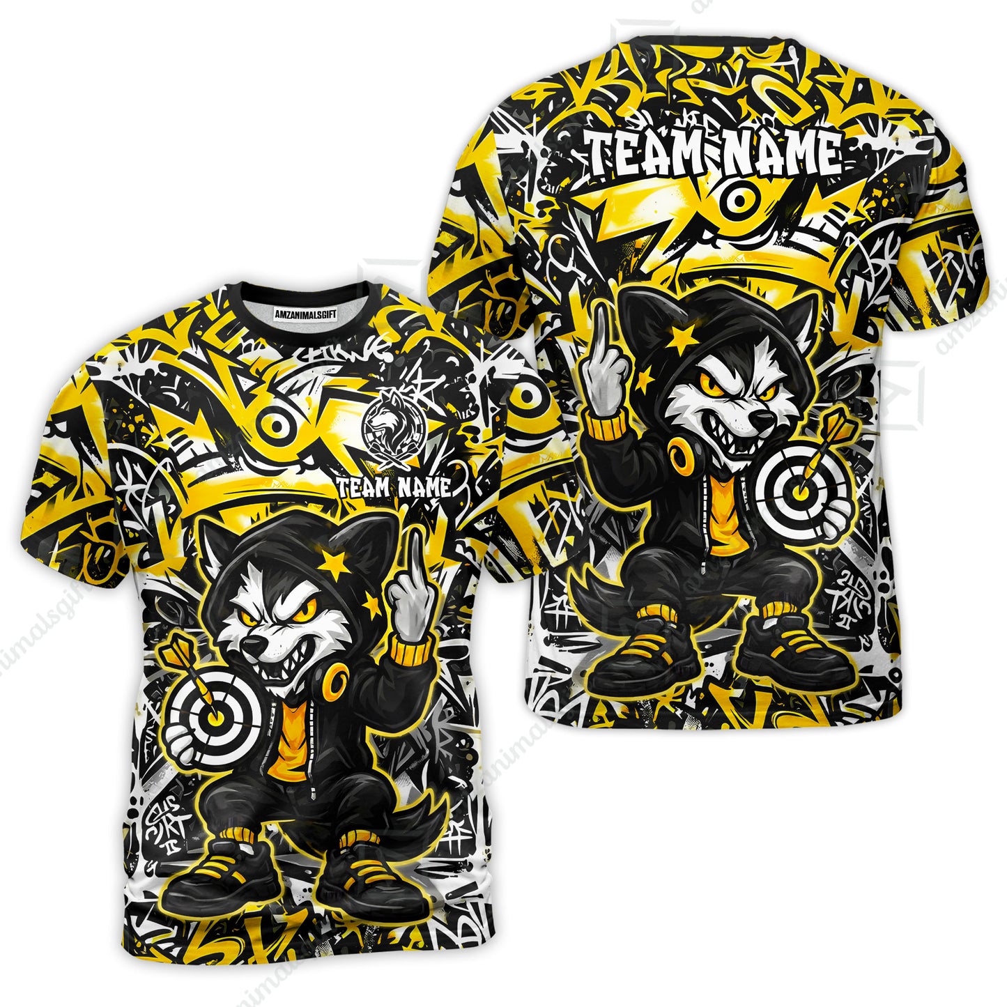 Customized Darts Team Uniform Shirt, Cool Cartoon Wolf With Dartboard, Personalized Name And Team Name