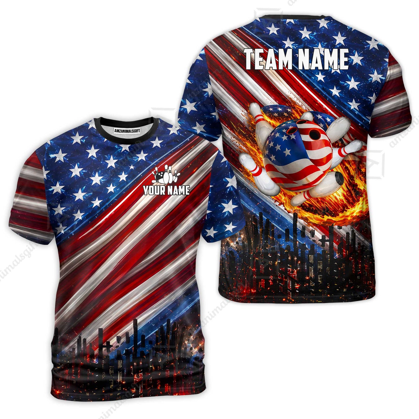 Customized American Flag Flaming Ball Bowling Jersey, Custom Name And Team Name For Bowlers