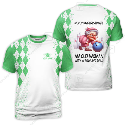 Custom Bowling Jersey Polo Shirt, Never Underestimate An Old Woman With A Bowling Ball, Personalized Name & Team Name