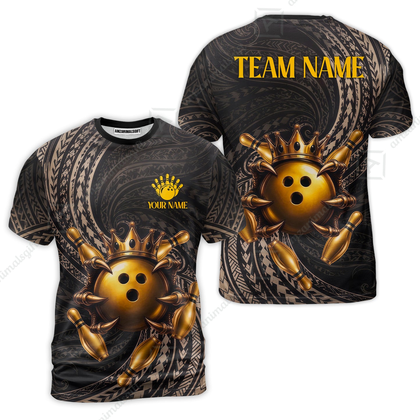 Custom Bowling Jersey Polo Shirt, Maori Tattoo Bowling Crown Gold Color, Custom Bowling Jersey Team Shirt For Players With Name and Team Name