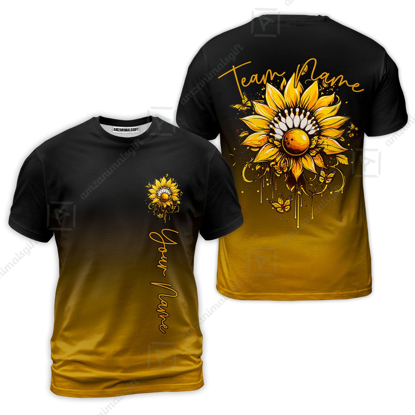 Custom Bowling Jersey Polo Shirt, Sunflower Bowling Pin Gradient Background, Custom Bowling Jersey Team Shirt For Players With Name and Team Name