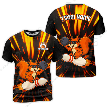 Funny Bowling Custom Polo T-Shirt - Fun Cartoon Flame With Squirrel Wearing Sunglasses, Personalized Bowling Jersey Polo Shirts