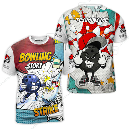 Customized Bowling Team Shirt, Comic Bowling Story Strike Cartoon, Bowling Uniforms, Personalized Name And Team Name