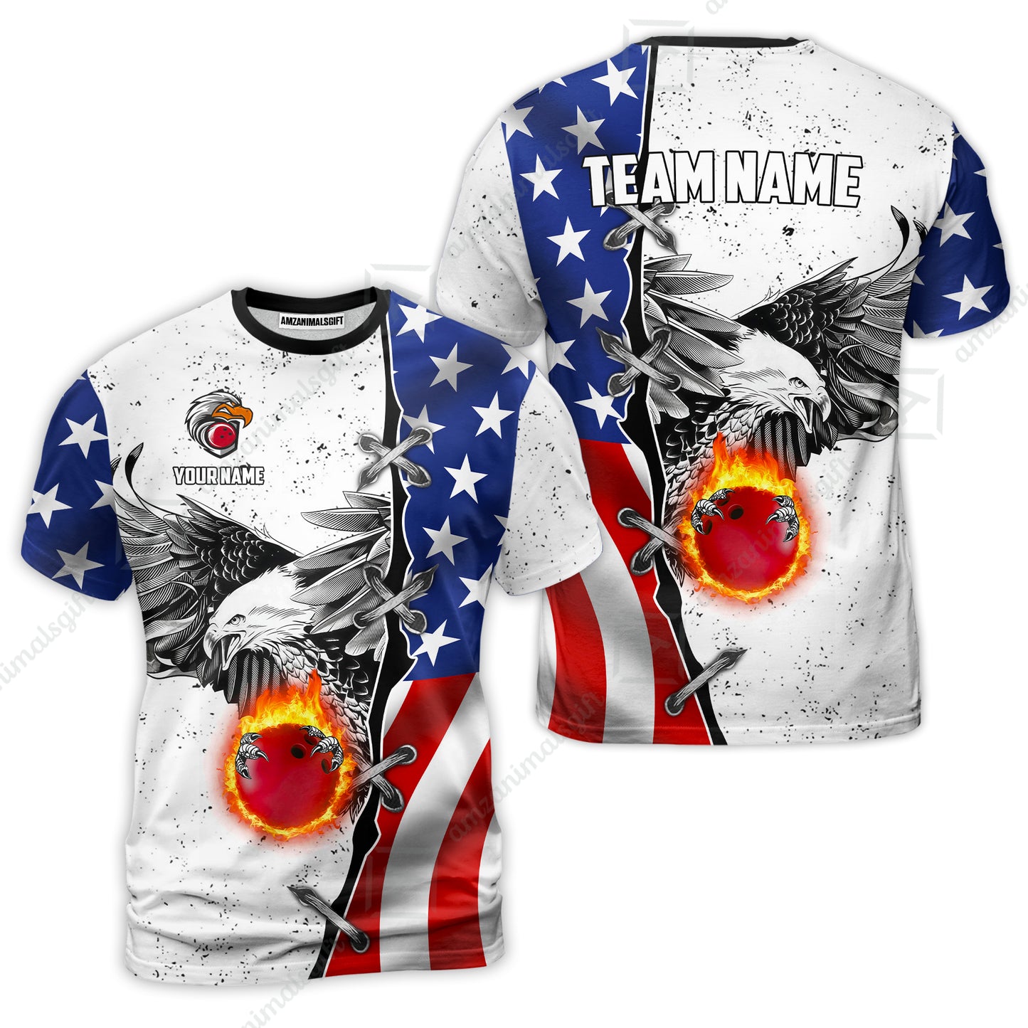 Customized Bowling Unisex Polo Shirt, US Flag White Eagle Flame Pin Dust Pattern Bowling, Personalized Name And Team Name