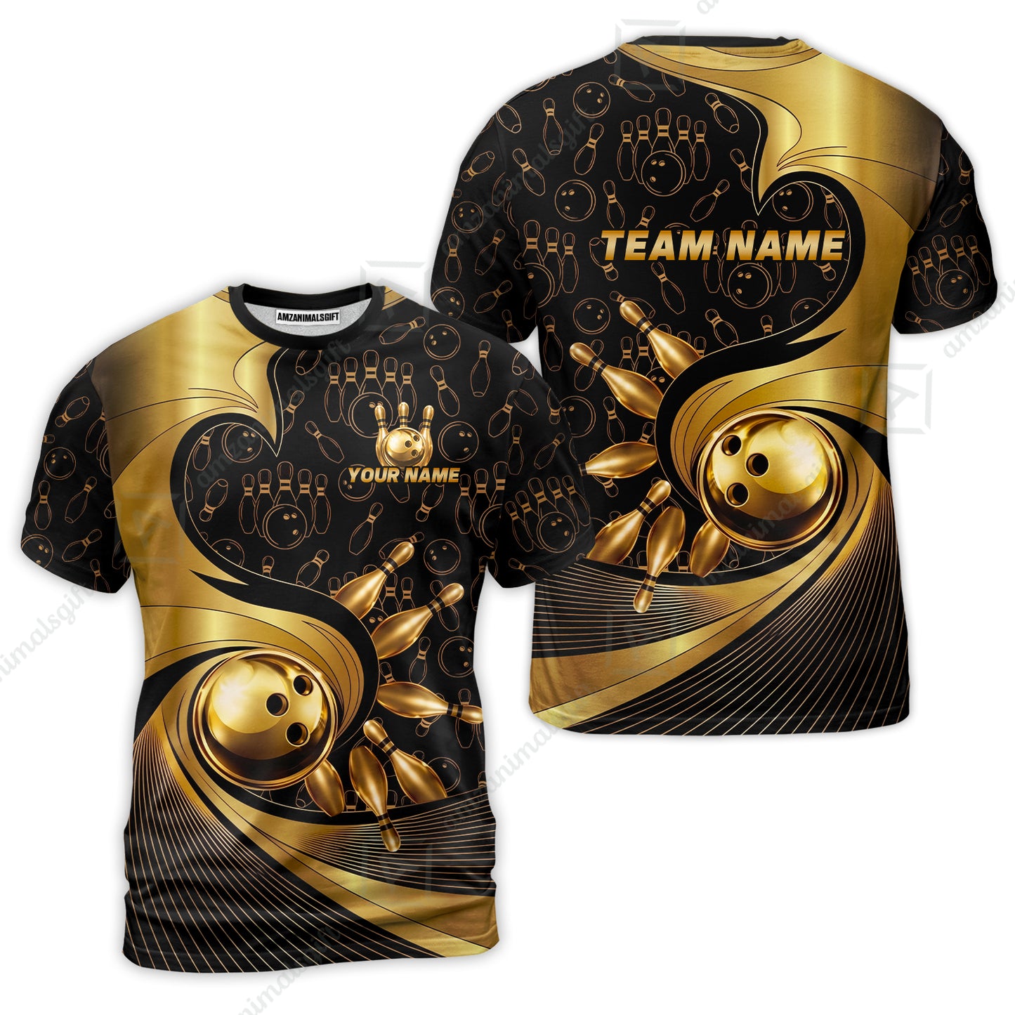 Custom Bowling Jersey Polo Shirt, Bowling Gold Swirling Pattern, Personalize Name and Team Name
