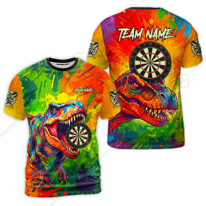Custom Darts Jersey Polo Shirt, Colorful Splatter T-Rex Dino, Custom Dart Jersey Team Shirt For Players With Name & Team Name