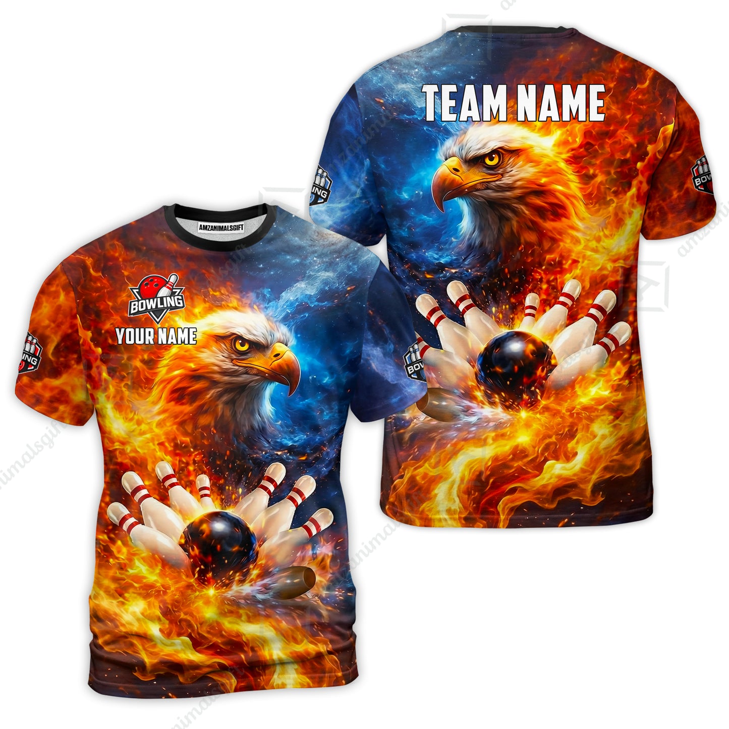 Custom Bald Eagle and Fire Bowling Jersey Polo Shirt, Custom Bald Eagle and Fire Bowling Jersey Team Shirt For Players With Name & Team Name