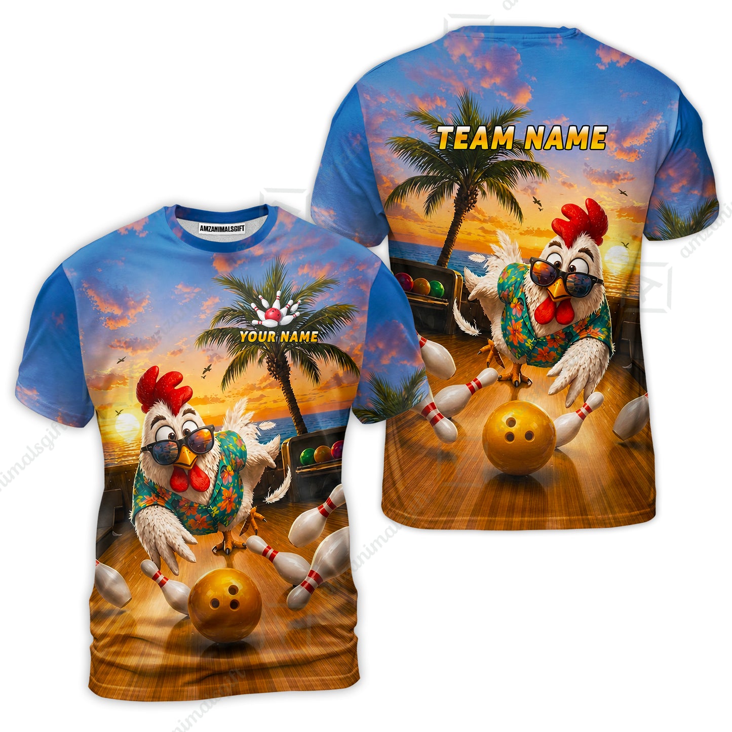 Custom Bowling Jersey Polo Shirt, Funny Tropical Hawaiian Rooster Strike, Custom Bowling Jersey Team Shirt For Players With Name and Team Name