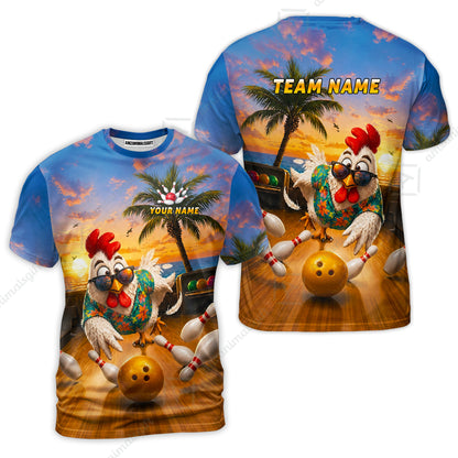 Custom Bowling Jersey Polo Shirt, Funny Tropical Hawaiian Rooster Strike, Custom Bowling Jersey Team Shirt For Players With Name and Team Name
