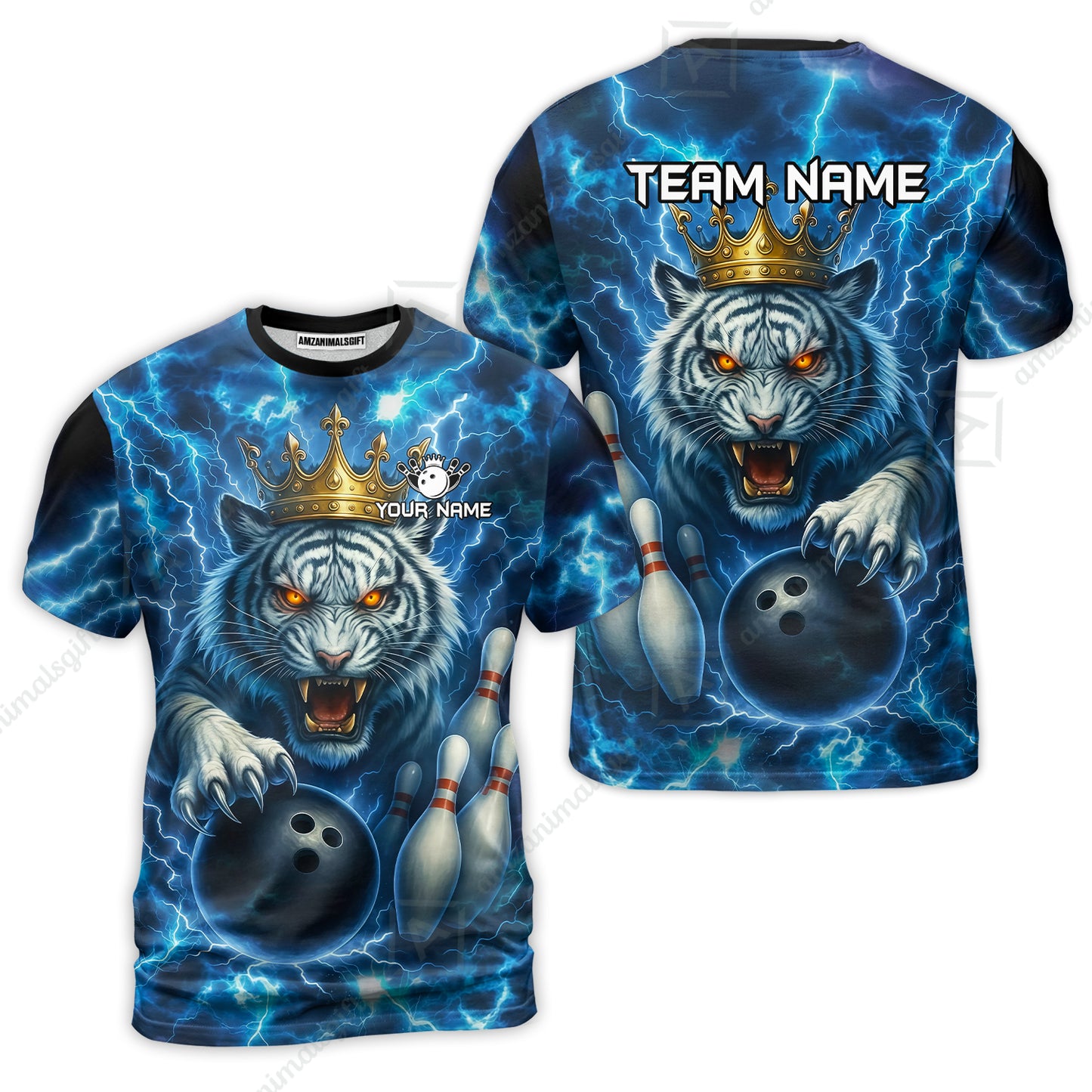 Custom Bowling Team Quarter-Zip Polo Shirt, Bowling White Tiger Lighting Shirt, Personalized Team Shirt with Custom Name