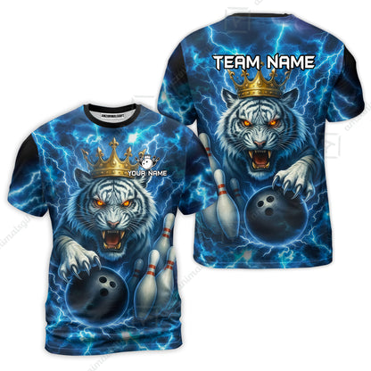 Custom Bowling Team Quarter-Zip Polo Shirt, Bowling White Tiger Lighting Shirt, Personalized Team Shirt with Custom Name