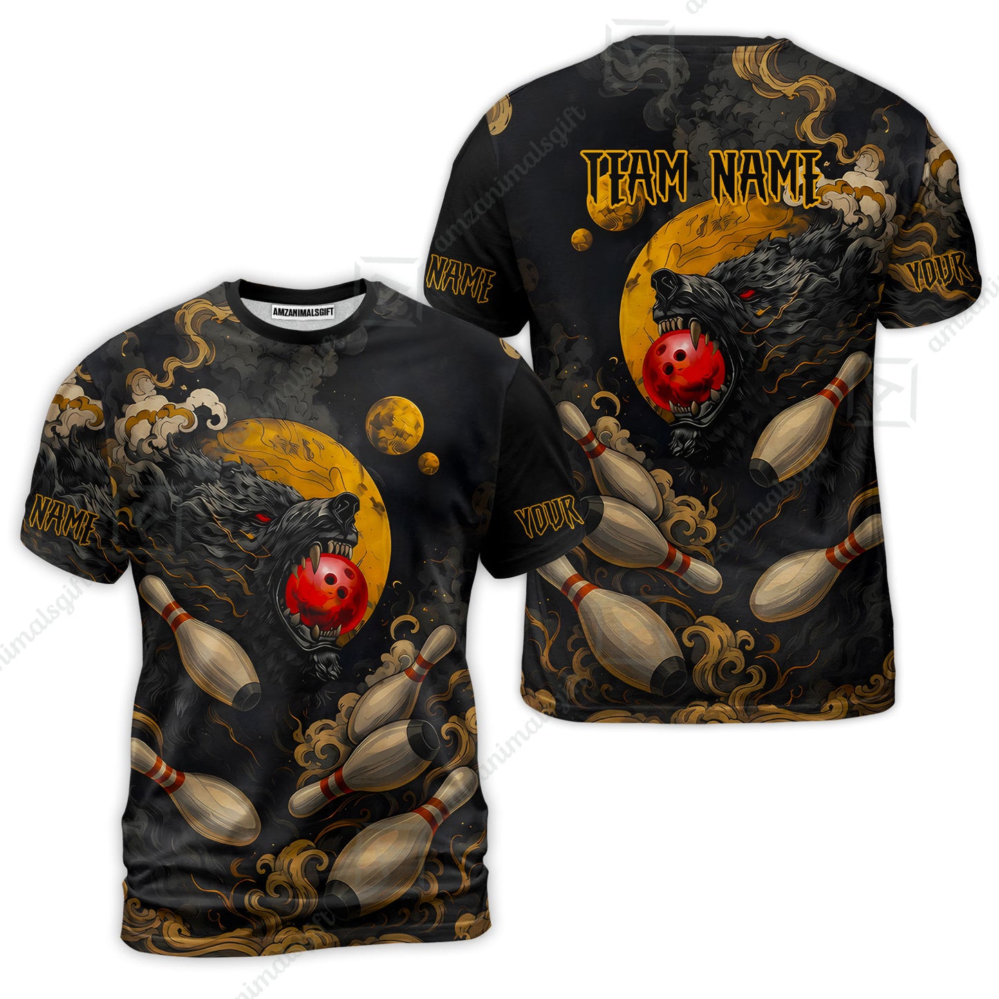 Custom Bowling Jersey Polo Shirt, Bowling And Pin Wolf Moon Smoke Japan Style, Personalize Name and Team Name