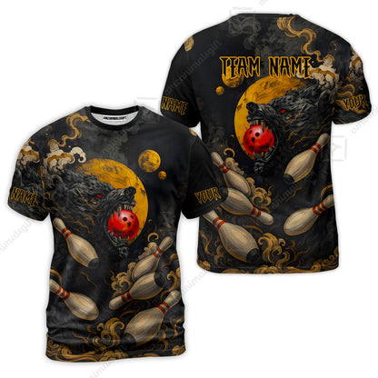 Custom Bowling Jersey Polo Shirt, Bowling And Pin Wolf Moon Smoke Japan Style, Personalize Name and Team Name
