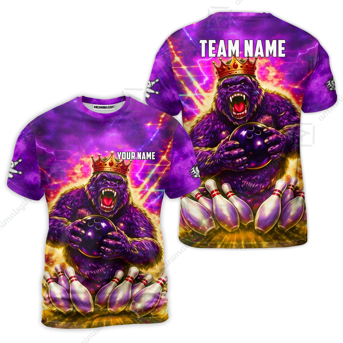 Custom Bowling Jersey Polo Shirt, King Gorilla Holding Bowling Ball, Custom Bowling Jersey Team Shirt For Players With Name & Team Name