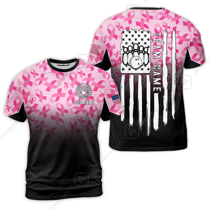 Custom Bowling Jersey Polo Shirt, Ribbon Breast Cancer Awareness Flag, Custom Bowling Jersey Team Shirt For Players With Name and Team Name