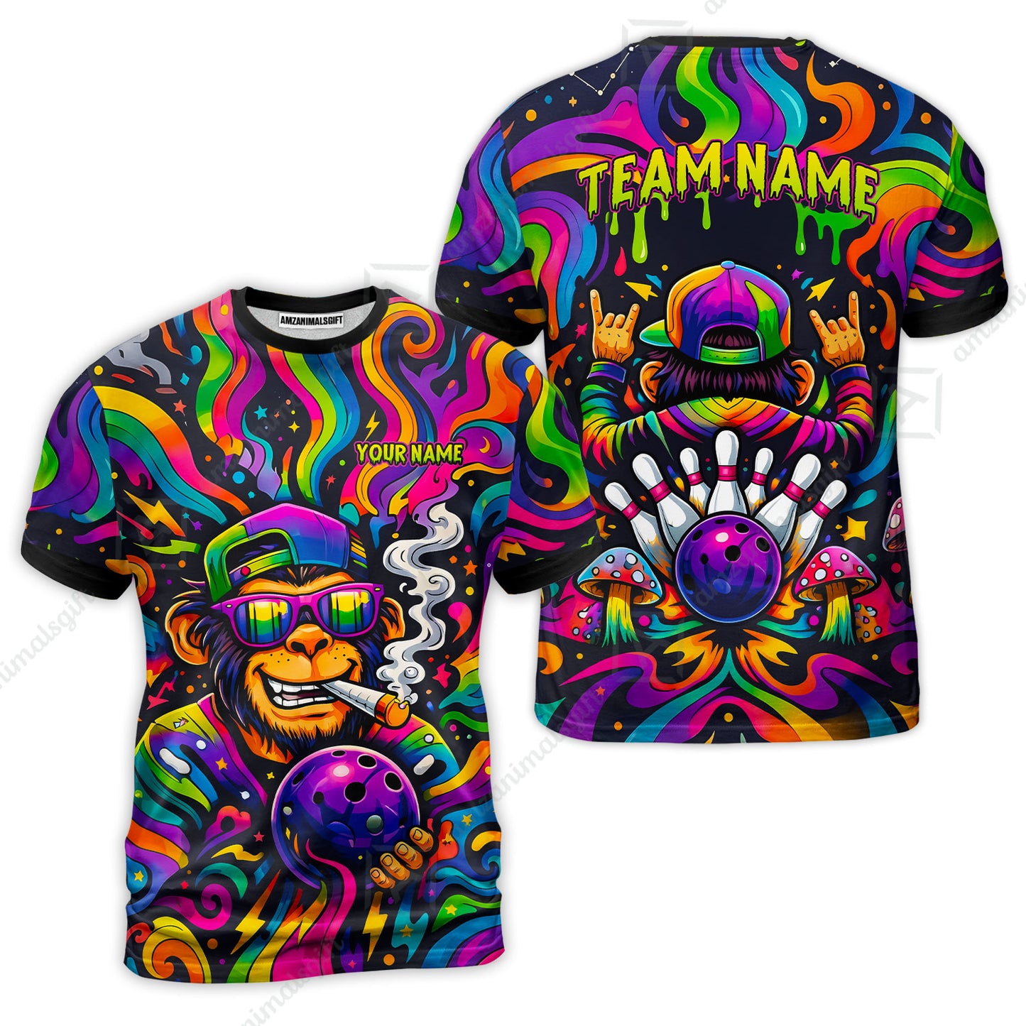 Custom Bowling Jersey Polo Shirt, Psychedelic Trippy Smoking Chimp, Custom Bowling Jersey Team Shirt For Players With Name and Team Name