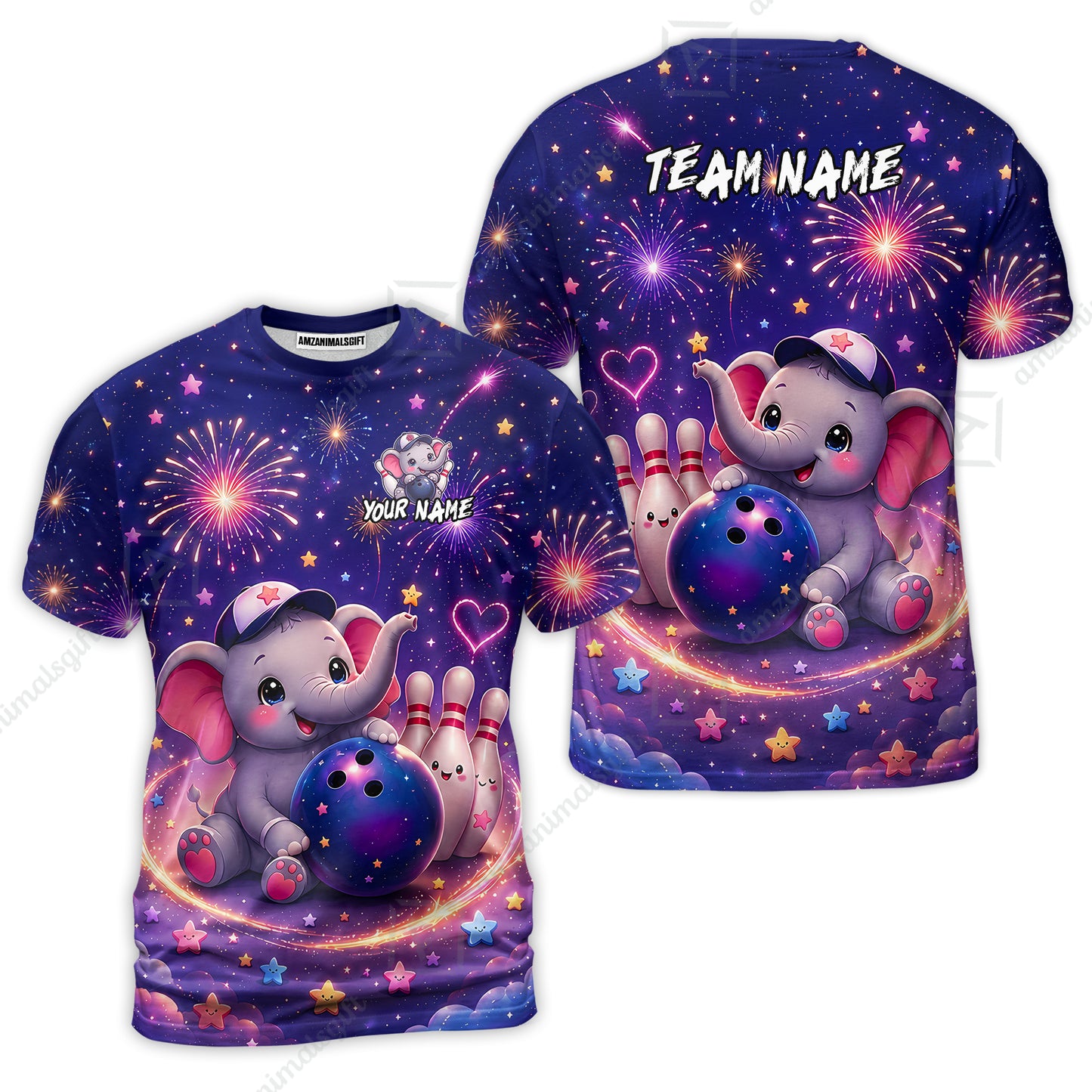 Custom Bowling Jersey Polo Shirt, Cute Elephant Holding Ball, Personalize Name and Team Name
