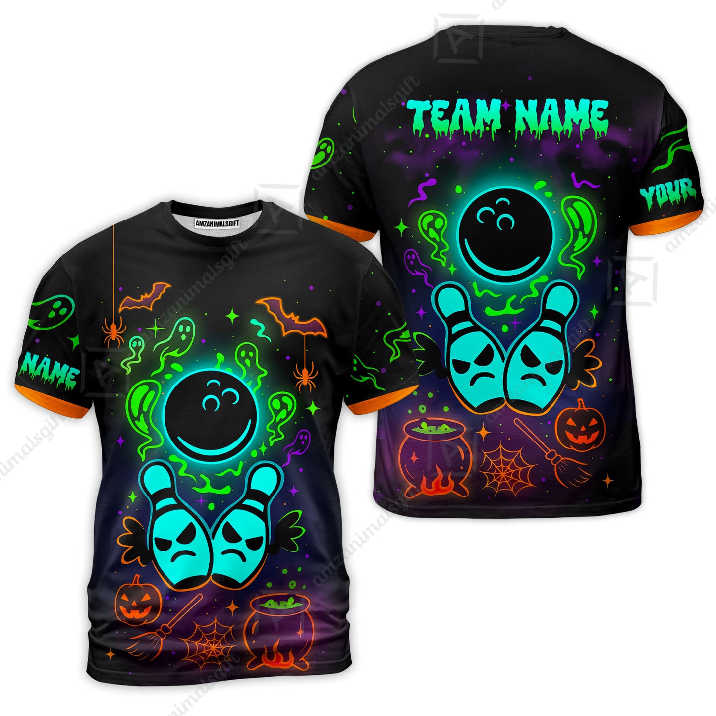 Customized Bowling Shirt, Halloween Neon Bowling, Personalized Polo Shirt For Players With Name & Team Name