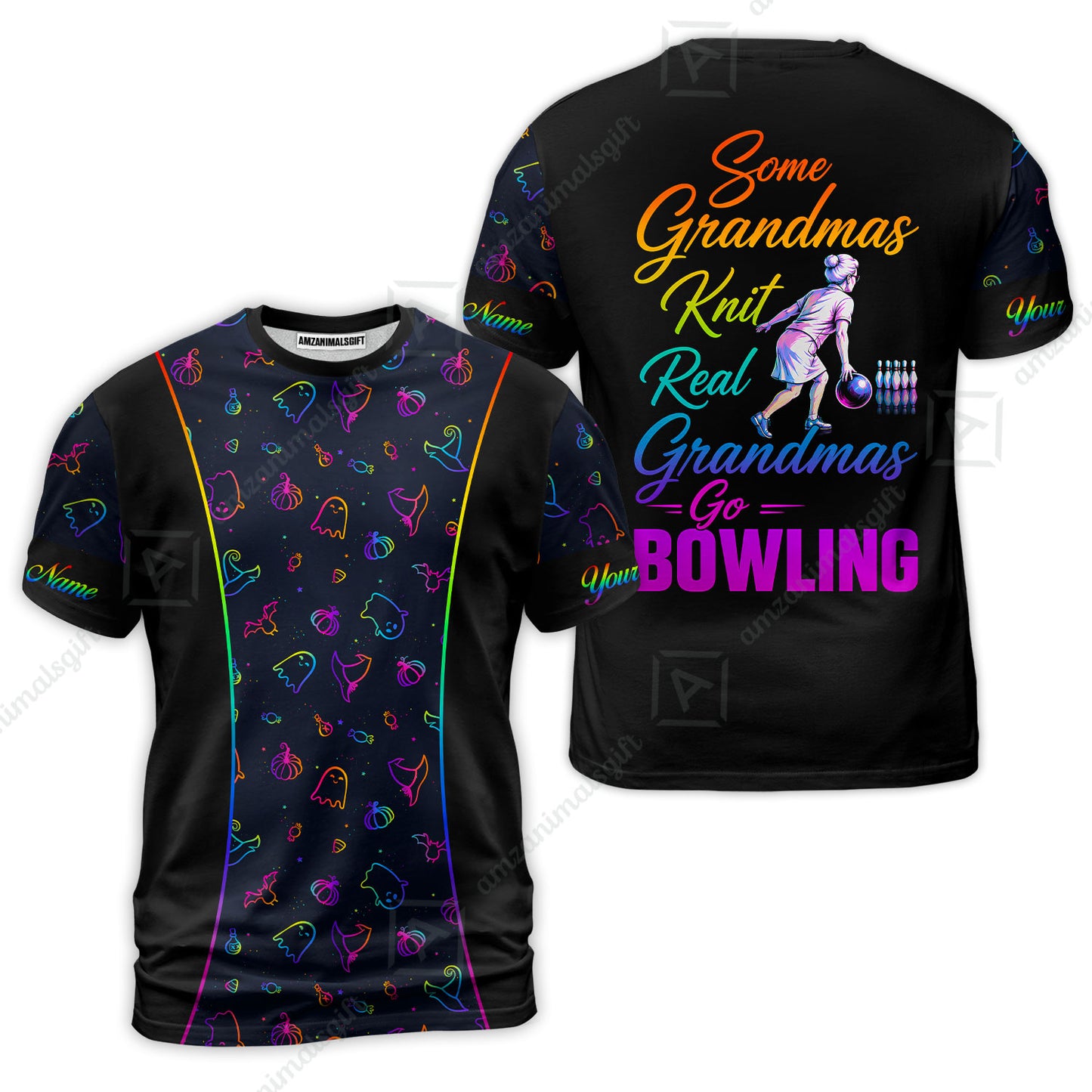 Custom Bowling Jersey Polo Shirt, Some Grandmas Bowl Real Grandmas Play Bowling Halloween Rainbow Pattern, Personalized Name And Team Name