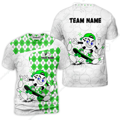 Custom Bowling Jersey Polo Shirt, Skateboarder Bowling Ball Mascot, Custom Bowling Jersey Team Shirt For Players With Name and Team Name