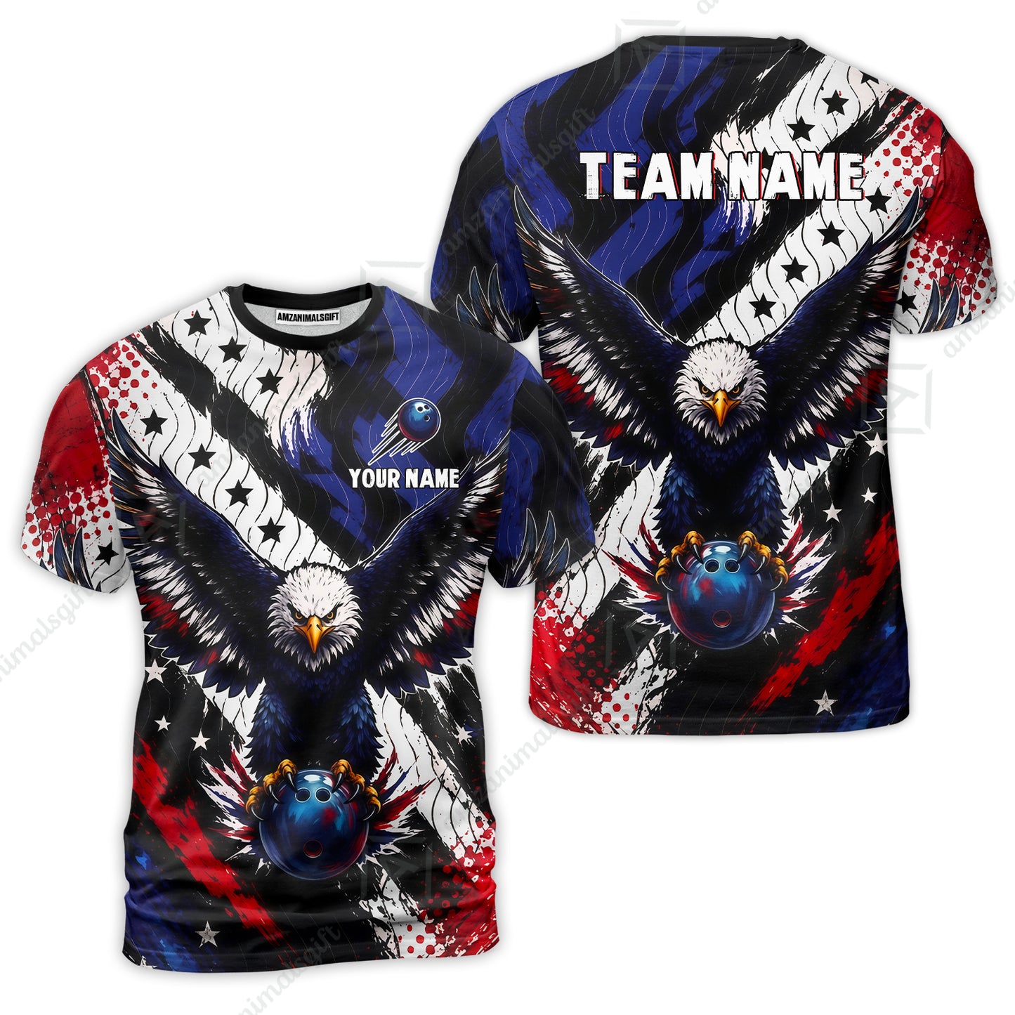 Custom Bowling Jersey Polo Shirt, American Flag And Eagle Hold Bowling Ball, Personalize Name and Team Name