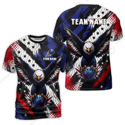 Custom Bowling Jersey Polo Shirt, American Flag And Eagle Hold Bowling Ball, Personalize Name and Team Name