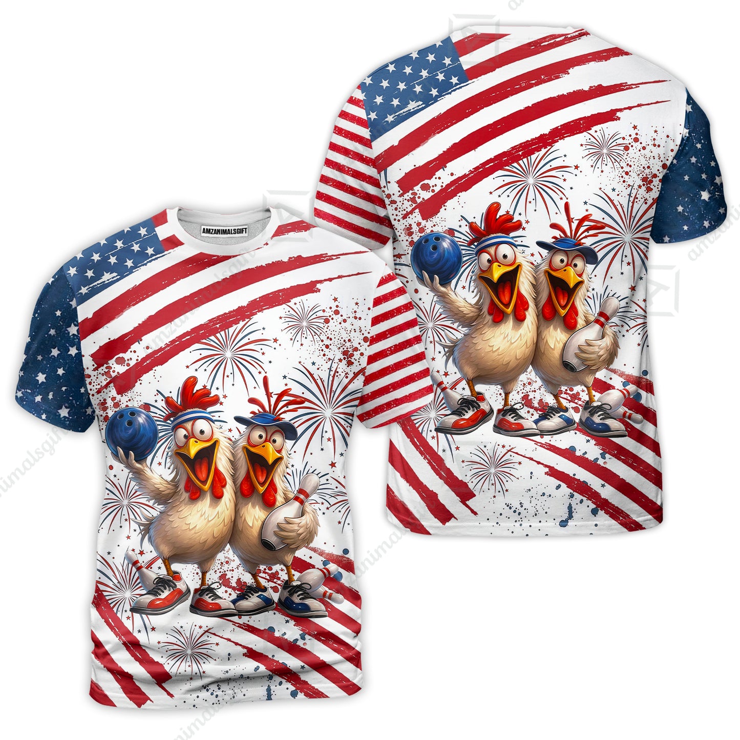 Custom Bowling Jersey Polo Shirt, Funny Patriotic USA Chicken Fireworks, Custom Bowling Jersey Team Shirt For Players With Name & Team Name