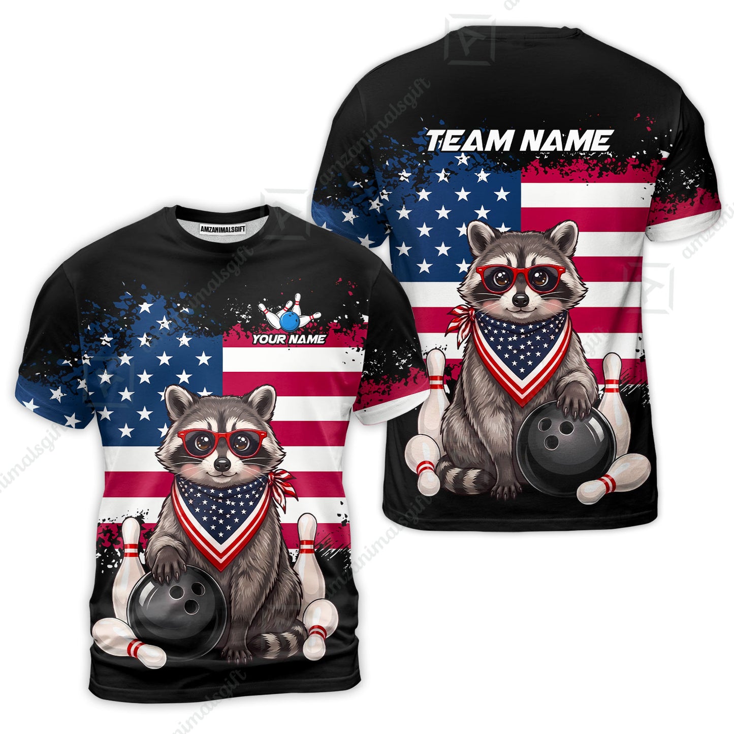 Custom Bowling Jersey Polo Shirt, Animal With Glasses And Bandana America Flag, Personalize Name & Team Name