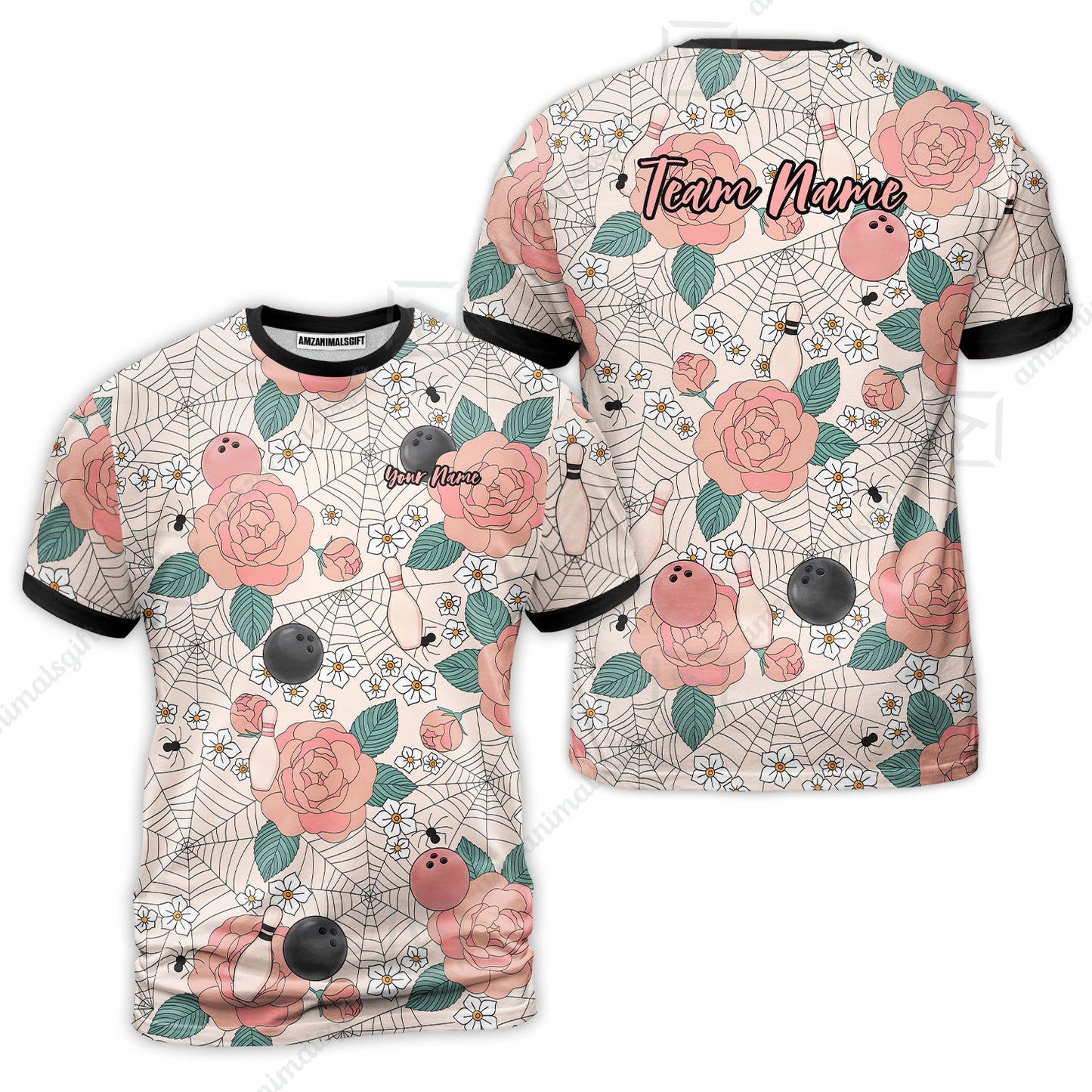 Custom Bowling Jersey Polo Shirt, Spider Flower Pattern Bowling, Personalized Name And Team Name