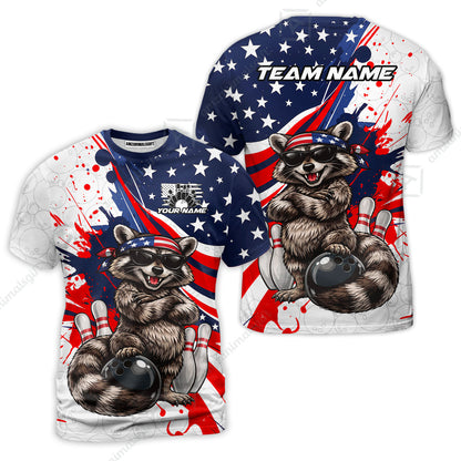 Custom Bowling Jersey Polo Shirt, Patriotic Cool Raccoon Mascot, Custom Bowling Jersey Team Shirt For Players With Name and Team Name