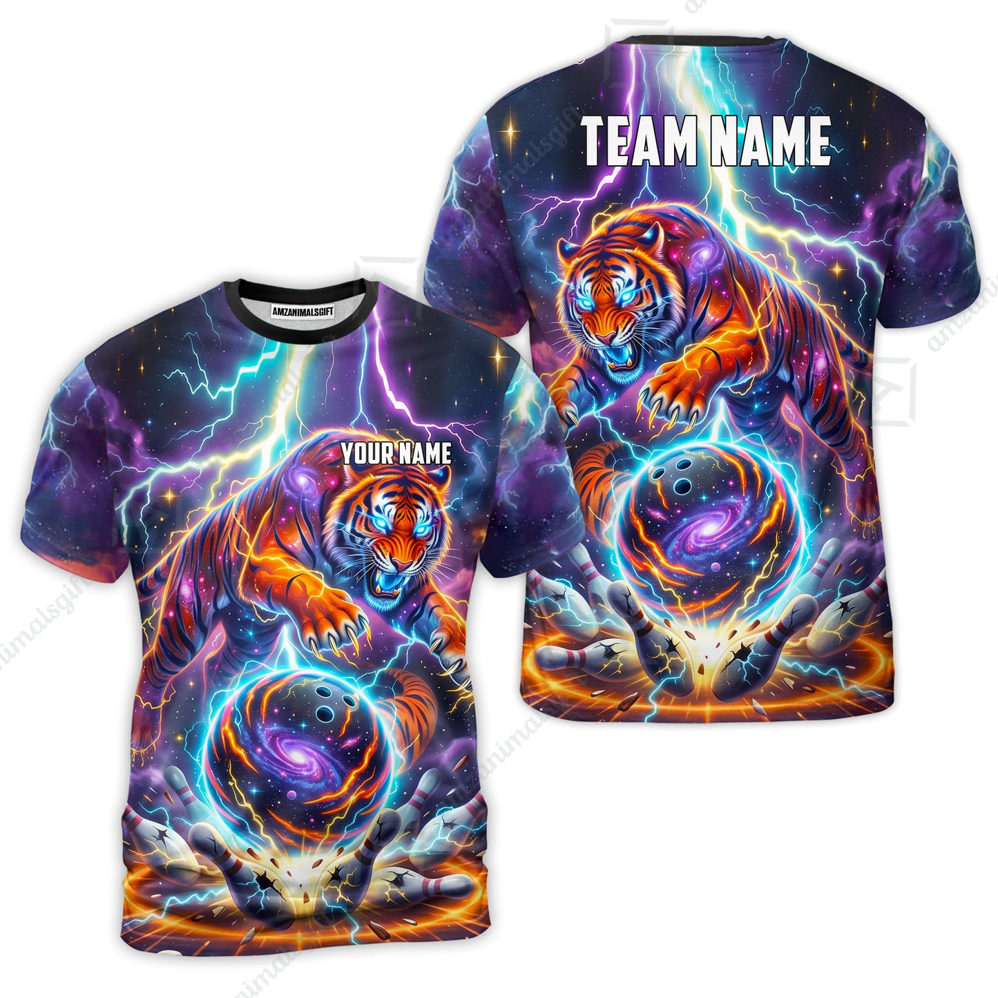 Custom Bowling Jersey Polo Shirt, Galactic Tiger Electric Strike, Custom Bowling Jersey Team Shirt For Players With Name and Team Name